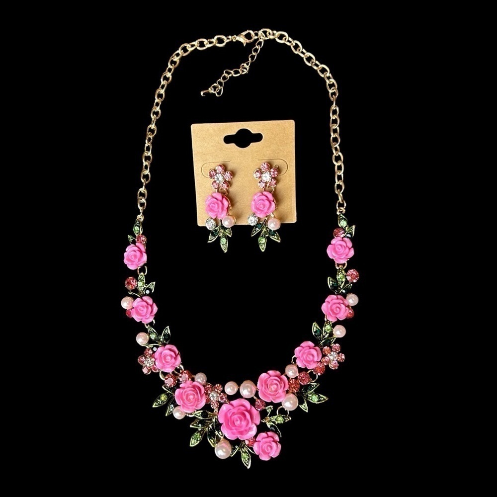 Pink Flower Rose Cluster Necklace Earring Set w/ Faux Pearl & Rhinestone Accents - Picture 2 of 15